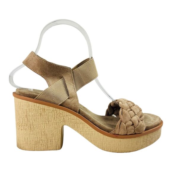 Pierre Dumas Wedge Sandals Womens Size 9 Taupe Faux Suede Slip On Ankle Straps - Picture 2 of 9